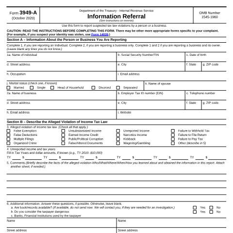 Document preview: IRS Form f3949a — IRS, United States (CERFA n°3949A)