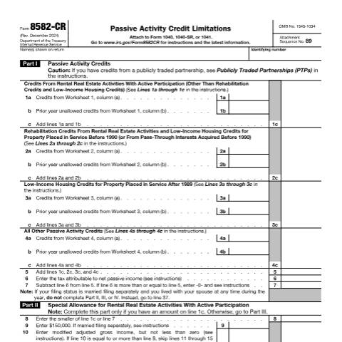 Document preview: IRS Form f8582cr — IRS, United States (CERFA n°8582CR)