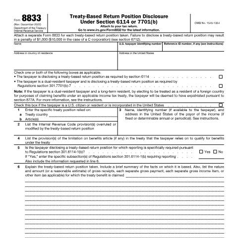 Document preview: IRS Form f8833 — IRS, United States (CERFA n°8833)