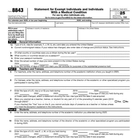 Document preview: IRS Form f8843 — IRS, United States (CERFA n°8843)