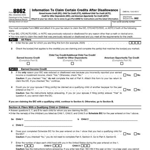 Document preview: IRS Form f8862 — IRS, United States (CERFA n°8862)