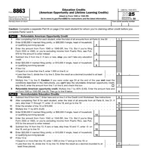 Document preview: IRS Form f8863 — IRS, United States (CERFA n°8863)