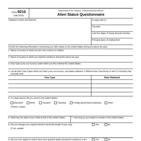 Document preview: IRS Form f9210 — IRS, United States (CERFA n°9210)