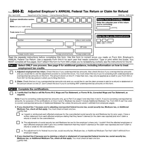 Document preview: IRS Form f944x — IRS, United States (CERFA n°944X)