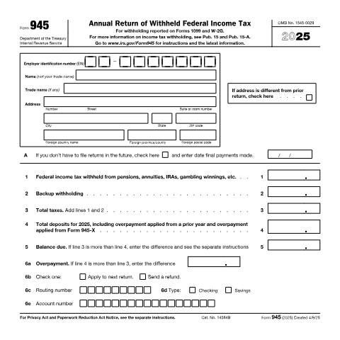 Document preview: IRS Form f945 — IRS, United States (CERFA n°945)
