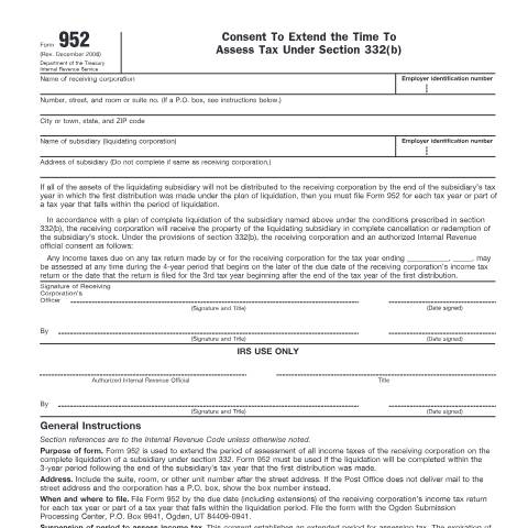 Document preview: IRS Form f952 — IRS, United States (CERFA n°952)