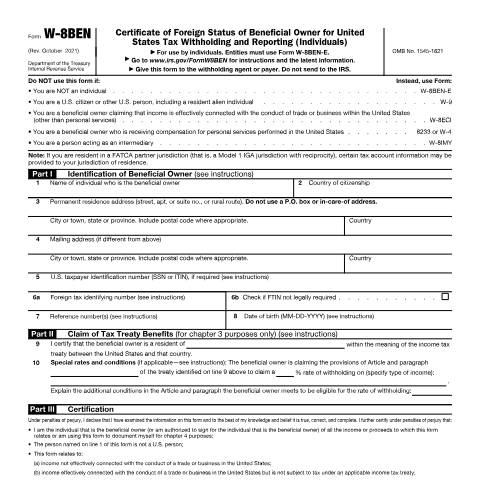 Document preview: IRS Form fw8ben — IRS, United States (CERFA n°W8BEN)