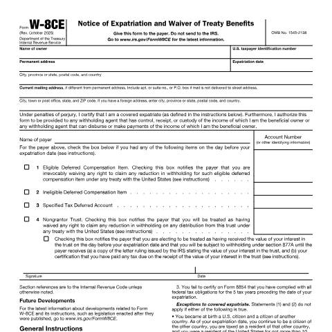 Document preview: IRS Form fw8ce — IRS, United States (CERFA n°W8CE)