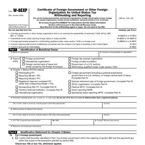 Document preview: IRS Form fw8exp — IRS, United States (CERFA n°W8EXP)