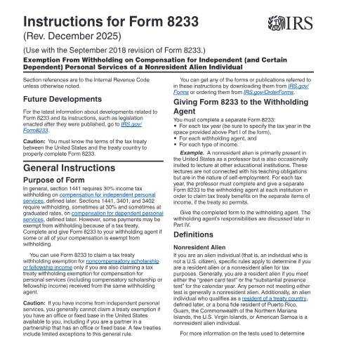Document preview: IRS Instructions i8233 — IRS, United States (CERFA n°INST-8233)