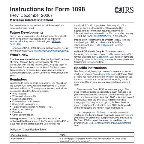 Document preview: IRS Instructions i1098 — IRS, United States (CERFA n°INST-1098)