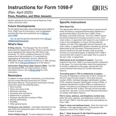 Document preview: IRS Instructions i1098f — IRS, United States (CERFA n°INST-1098F)