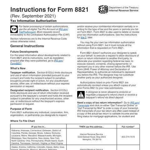 Document preview: IRS Instructions i8821 — IRS, United States (CERFA n°INST-8821)