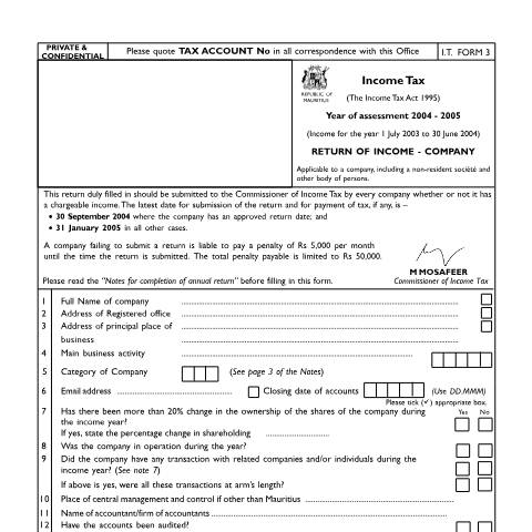 Document preview: I.T Form 3 — Form, Mauritius (CERFA n°Company0405)