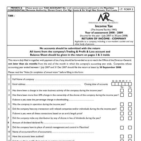 Document preview: I.T Form 3 — Form, Mauritius (CERFA n°companyReturn08)