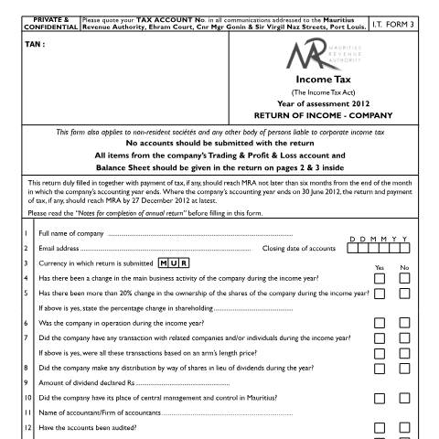 Document preview: I.T Form 3 — Form, Mauritius (CERFA n°IT03Form2012)