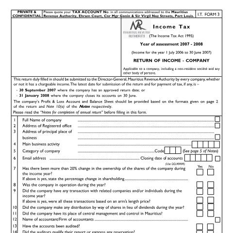 Document preview: I.T Form 3 — Form, Mauritius (CERFA n°company03)