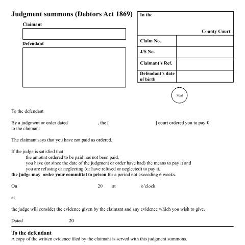 Document preview: Judgment summons: Form N67 — HM Courts & Tribunals Service, United Kingdom