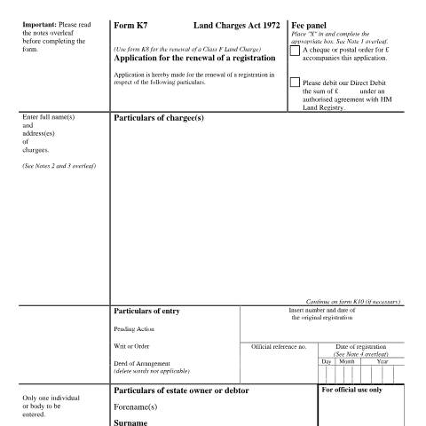 Document preview: Renewal of a registration: application (K7) — HM Land Registry, United Kingdom