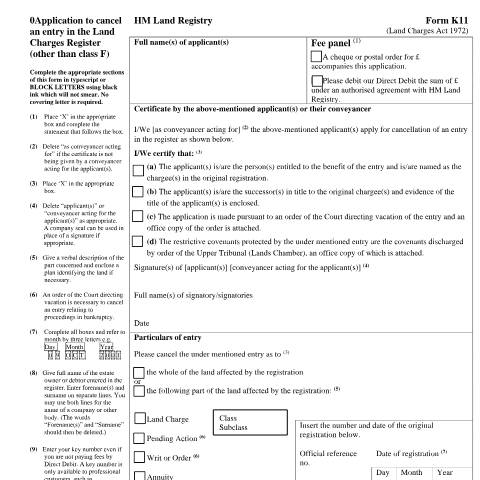 Document preview: Land charges register (except Class F and debtor's bankruptcy application): cancel entry (K11) — HM Land Registry, United Kingdom