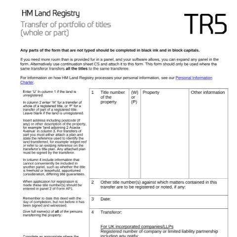 Document preview: Portfolio of titles (whole or part): transfer (TR5) — HM Land Registry, United Kingdom
