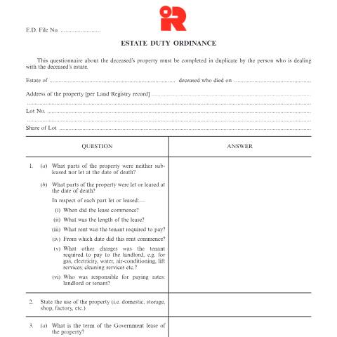 Document preview: Questionnaire about landed property — Estate Duty, Hong Kong SAR China (CERFA n°IRED 30)