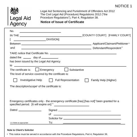 Document preview: Notices: certificate, extension/amendment and withdrawal/revocation — Legal Aid Agency, United Kingdom