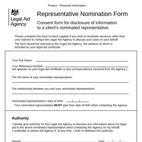 Document preview: Legal aid representative nomination form — Legal Aid Agency, United Kingdom