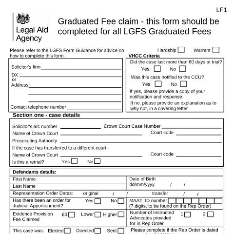 Document preview: LF1: claim litigator fees — Legal Aid Agency, United Kingdom