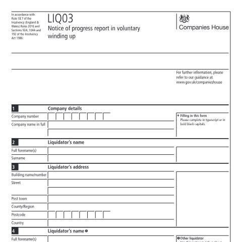 Document preview: Give notice of progress report in voluntary winding up (LIQ03) — Companies House, United Kingdom
