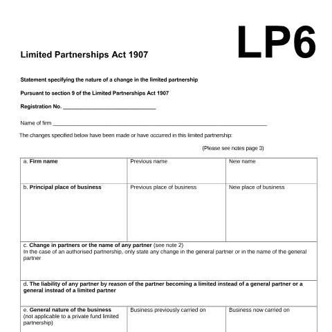 Document preview: Specify the nature of a change in the limited partnership (LP6) — Companies House, United Kingdom