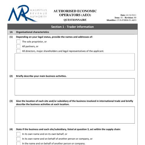Document preview: Questionnaire — Document, Mauritius (CERFA n°AEOQuestionareUpdated)
