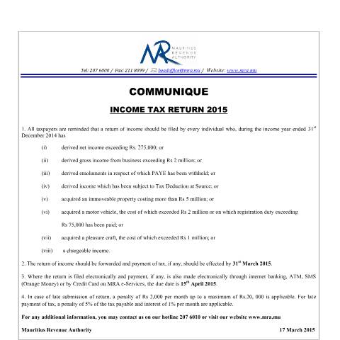 Document preview: Income Tax Return 2015 (17.03.15) — Form, Mauritius (CERFA n°ITReturn170315)