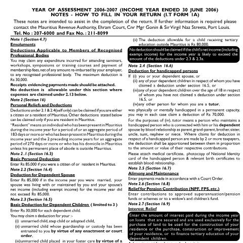 Document preview: Notes on Individual Return 1A — Form, Mauritius (CERFA n°ind1a06notes)