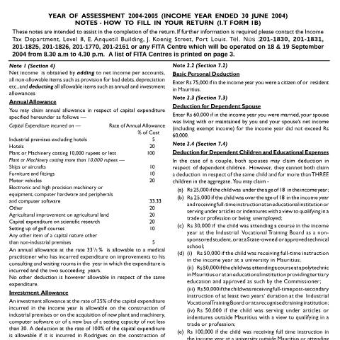 Document preview: Notes on Individual Return 1B — Form, Mauritius (CERFA n°ind1b04n)