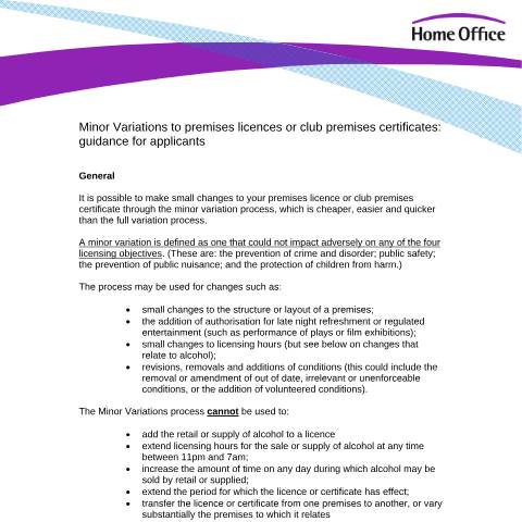 Document preview: Minor variations to premises licence application form — Home Office, United Kingdom