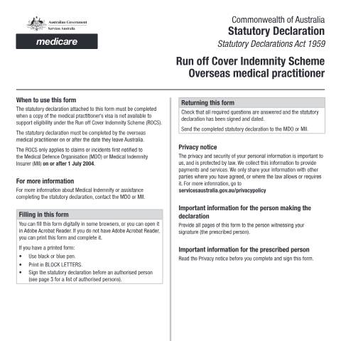 Document preview: Statutory declaration ROCS - Overseas medical practitioner form (MO035) — Services Australia — Health professionals, Australia (CERFA n°MO035)