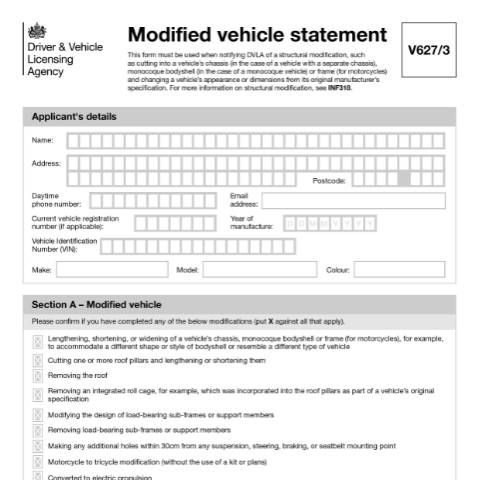Document preview: Modified vehicle statement (V627/3) — Driver and Vehicle Licensing Agency, United Kingdom