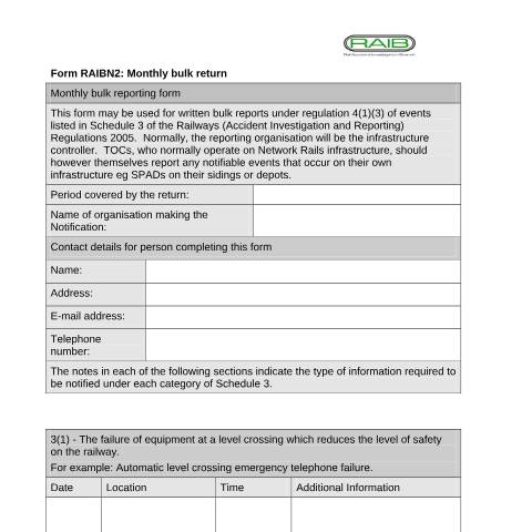 Document preview: Monthly bulk notification form — Rail Accident Investigation Branch, United Kingdom