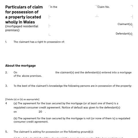 Document preview: Particulars of claim (mortgaged residential premises): Form N120 Wales — HM Courts & Tribunals Service, United Kingdom
