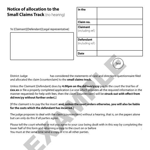 Document preview: Form N159: Notice of Allocation to the small claims track - no hearing (specimen form) — HM Courts & Tribunals Service, United Kingdom