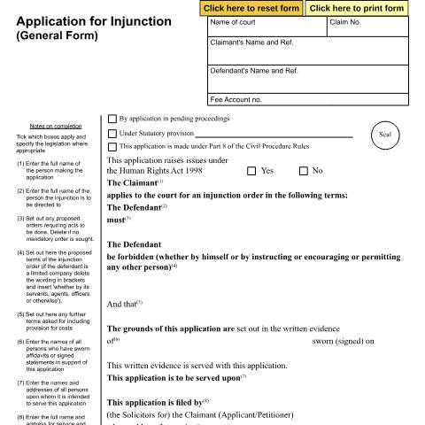 Document preview: Form N16A: Application for injunction (General form) — HM Courts & Tribunals Service, United Kingdom