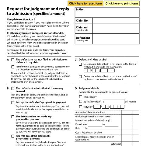 Document preview: Form N225: Ask for judgment on a claim for a specified amount of money — HM Courts & Tribunals Service, United Kingdom