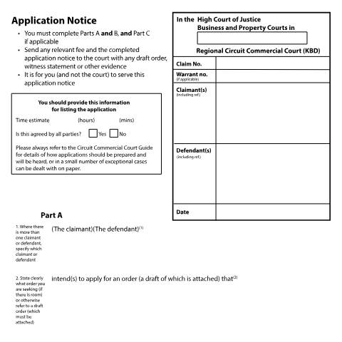 Document preview: Apply to the Regional Commercial Court for an order ('application notice') (N244 RCC) — HM Courts & Tribunals Service, United Kingdom