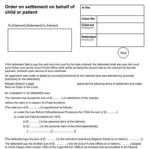 Document preview: Form N292: Tell the court about an agreed settlement on behalf of a child or patient — HM Courts & Tribunals Service, United Kingdom