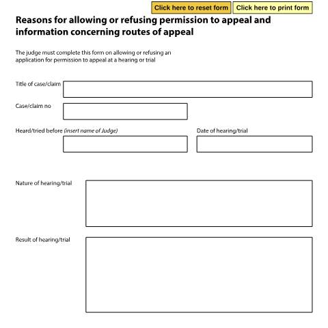 Document preview: Reasons for allowing or refusing permission to appeal and information concerning routes of appeal: Form N460HC — HM Courts & Tribunals Service, United Kingdom
