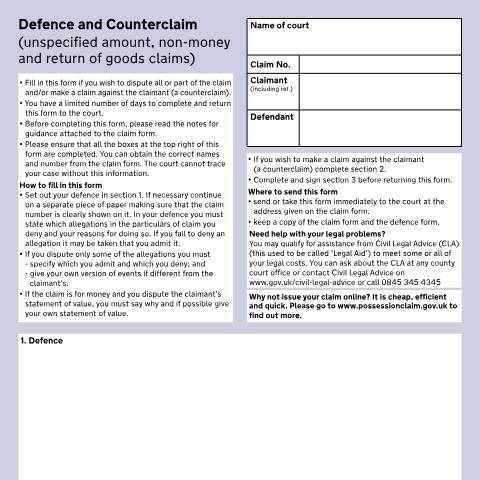 Document preview: Make a defence or counterclaim (unspecified amount): Form N9D — HM Courts & Tribunals Service, United Kingdom