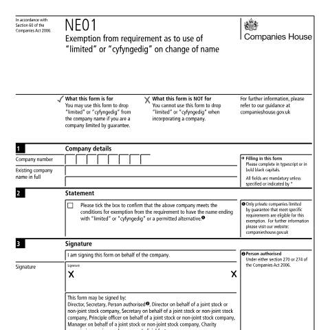 Document preview: Gain exemption from requirement as to use of 'limited' or 'cyfyngedig' (NE01) — Companies House, United Kingdom