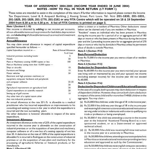 Document preview: Notes on Individual Return 01 — Form, Mauritius (CERFA n°ind0104n)