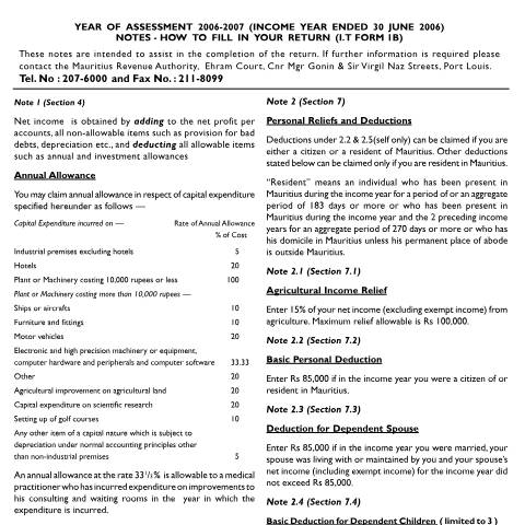Document preview: Notes on Individual Return 1B — Form, Mauritius (CERFA n°ind1b06notes)